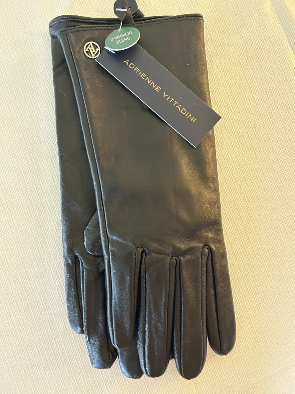 NWT Genuine Black Leather Cashmere Lined Gloves, Adrienne Vittadini